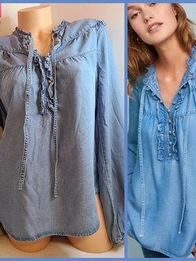 Anthropologie Maeve Ruffled Chambray Peasant Blouse Size M Blue